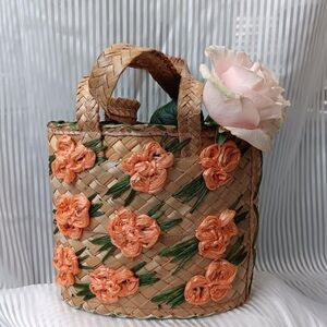 Vintage Tan and Orange Floral Tote with Textured Design